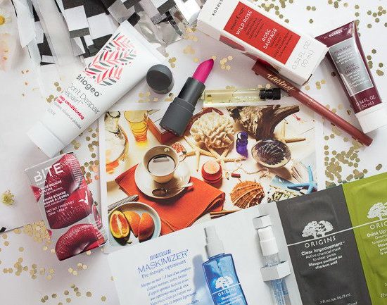 Beauty Products on top of a magazine