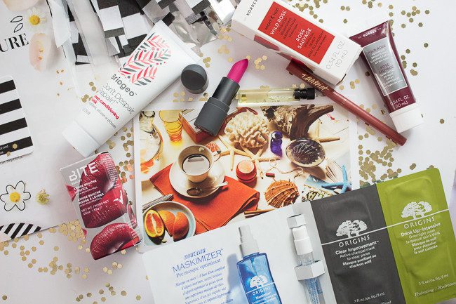 Beauty Products on top of a magazine