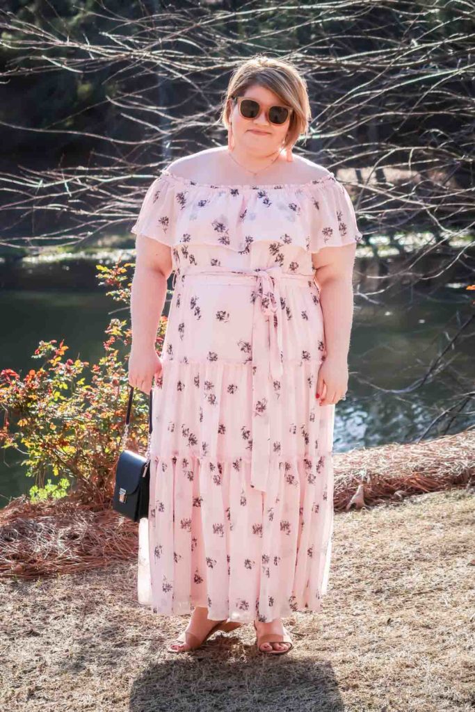 Lane Bryant Off The Shoulder Ruffled Maxi Dress in front of trees