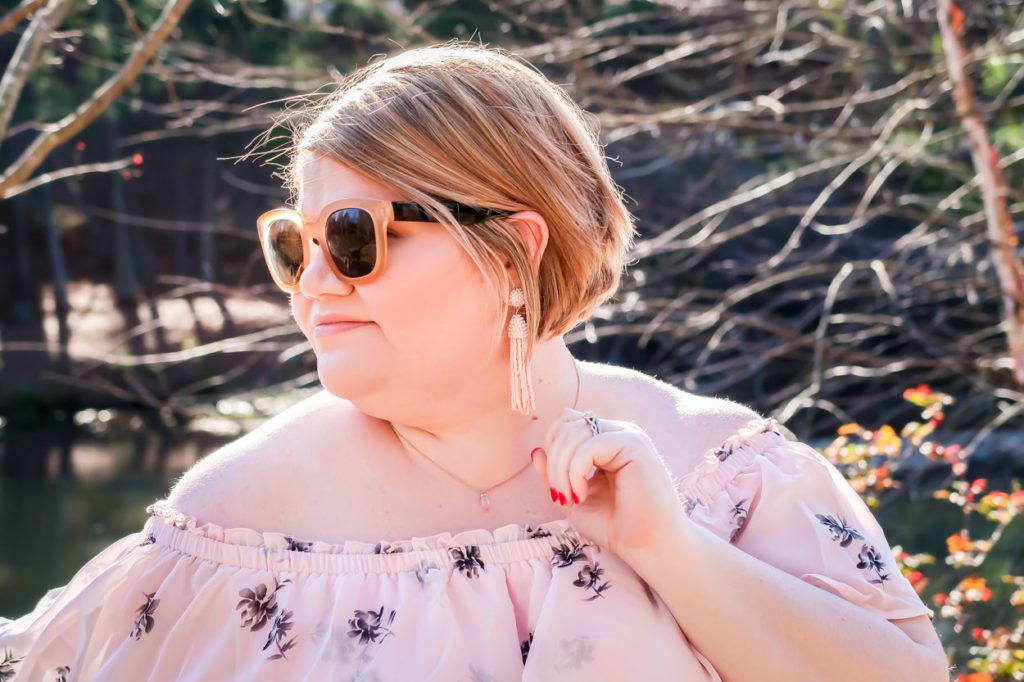 Lane Bryant Off The Shoulder Ruffled Maxi Dress with pink earrings and sunglasses 