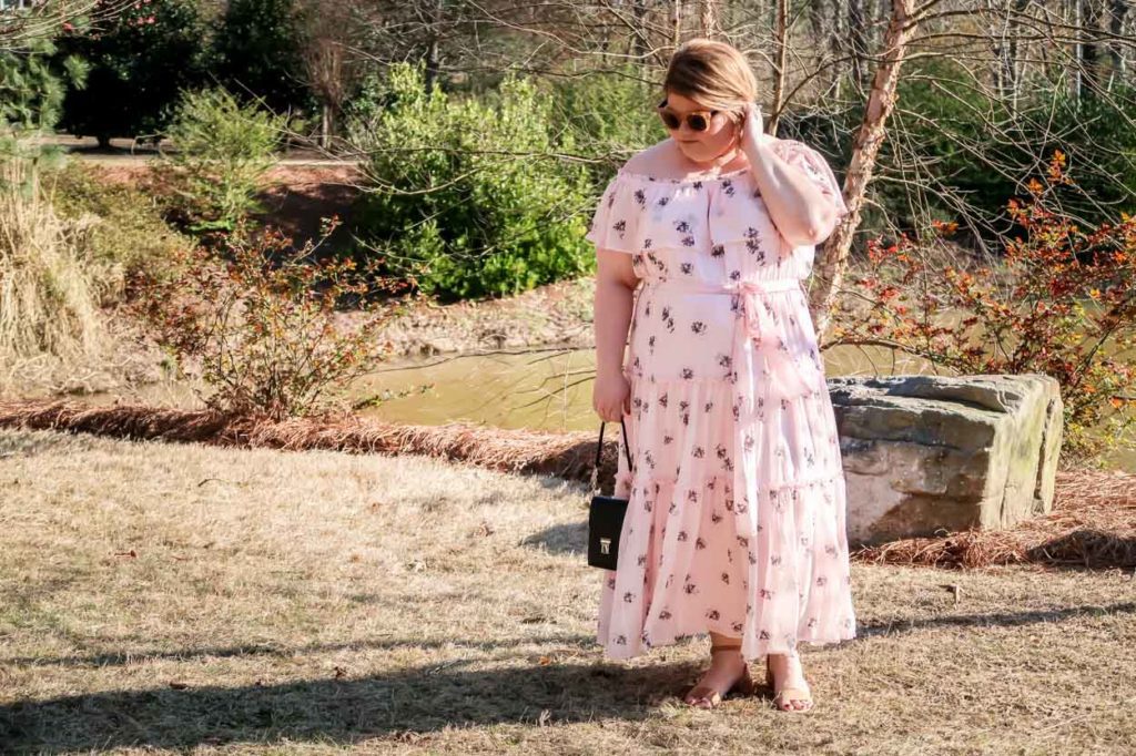 Lane Bryant Off The Shoulder Ruffled Maxi Dress infront of trees