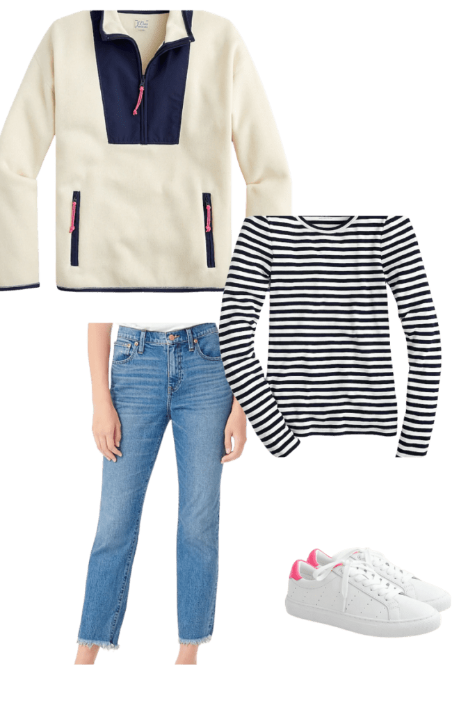 Fleece, striped shirt, jeans and sneakers