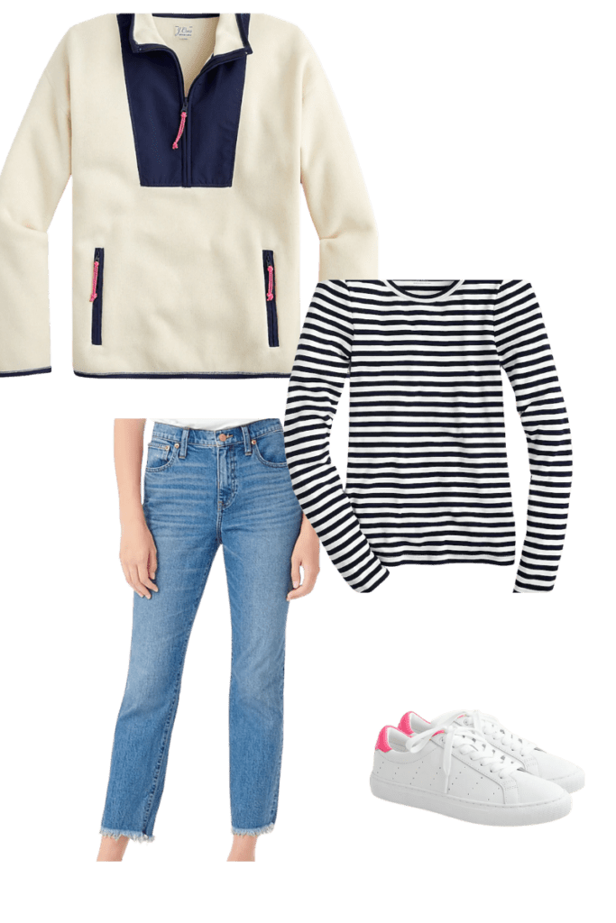 Fleece, striped shirt, jeans and sneakers 