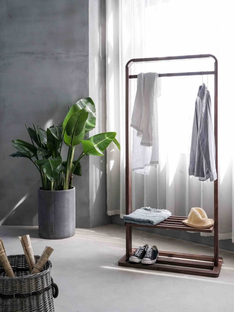 Clothing rack with accessories and a plant