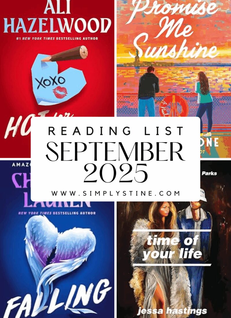 “Book covers of Falling by Christina Lauren, Promise Me Sunshine by Cara Bastone, One Problematic Summer by Ali Hazelwood, Hot for Slayer by Ali Hazelwood, Set Piece by Lana Schwartz, Time of Your Life by Jessa Hastings, The Last Letter by Rebecca Yarros, and My Favorite Lost Cause by Elizabeth O’Roark – Simply Stine September 2025 Reading Wrap-Up.”